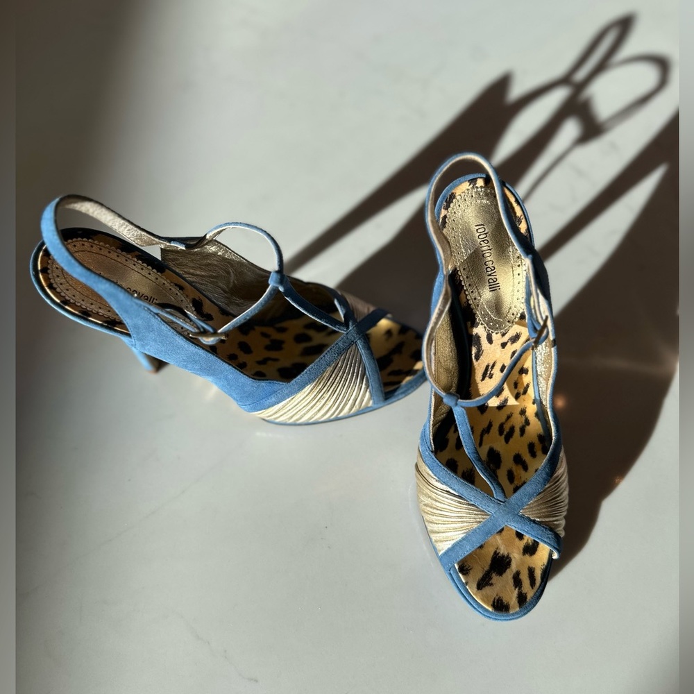 Roberto Cavalli Blue Suede/Gold/Animal Print High Heels. Size 39.5EU/9.5US